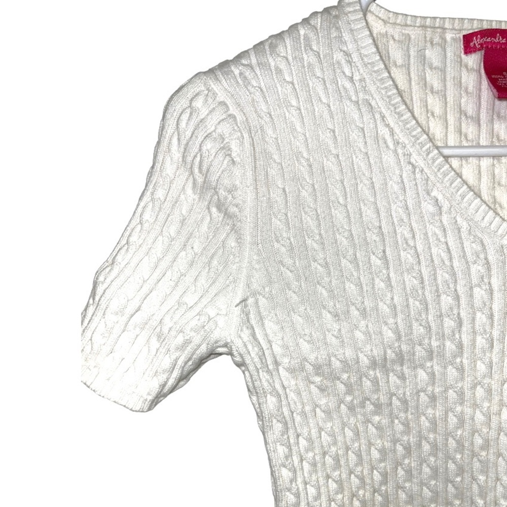 Alexandra Bartlett 100% Cotton White V-Neck Cable Knit Short Sleeve Sweater Top - Picture 4 of 4